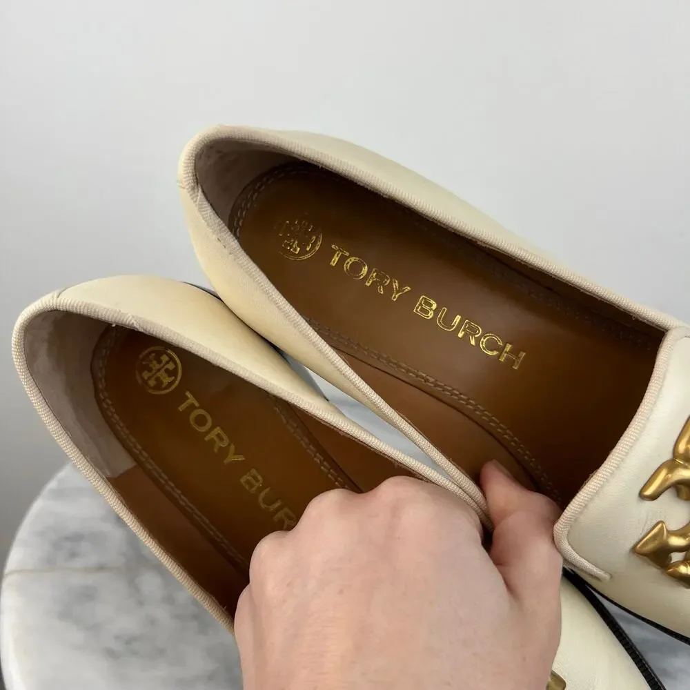 Tory Burch Eleanor Logo Block Heeled Shoes Ivory Leather Slip In Loafer (Sz 8.5)